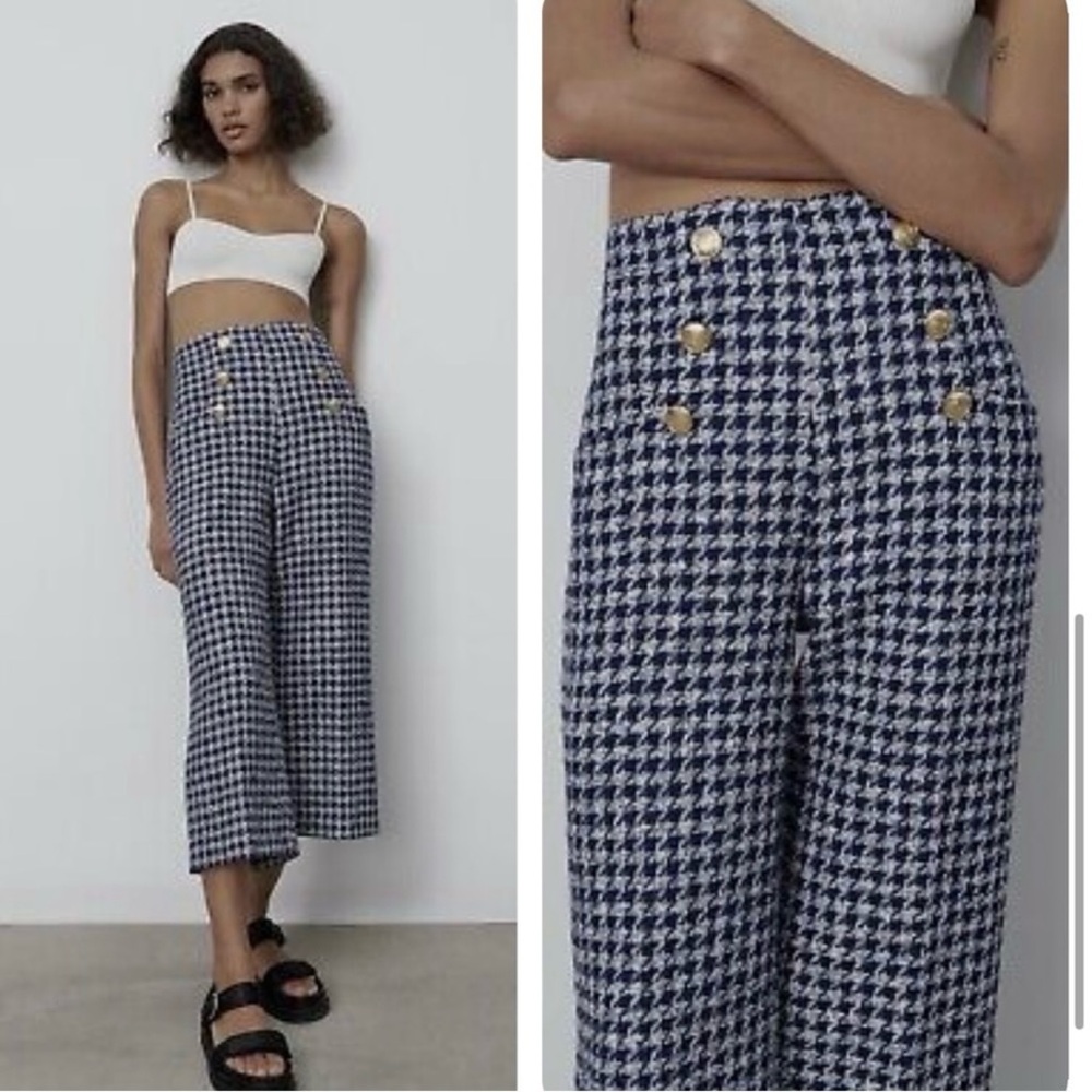 Zara Houndstooth Blue and White Culotte Cropped Pant Size Small